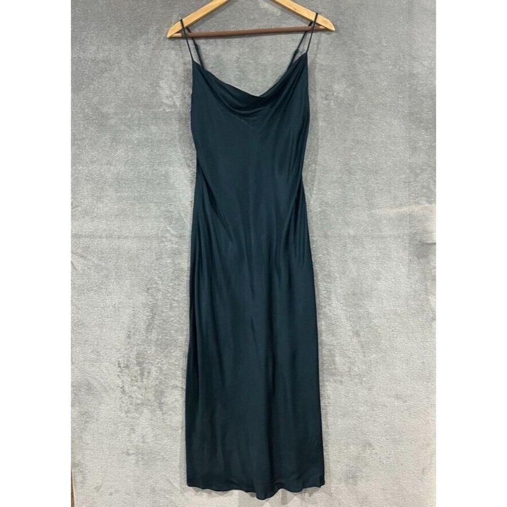 Zara Women's Emerald Green Cowl Neck Slip Satin Midi Dress Sleeveless Size Small